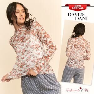 Davi & Dani Floral Pattern Mesh Long Sleeves Round Neck Layering Top | White